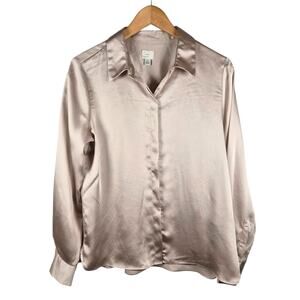 A New Day Satin Long-Sleeve Button-Down Blouse Champagne Medium Glam Luxe Career